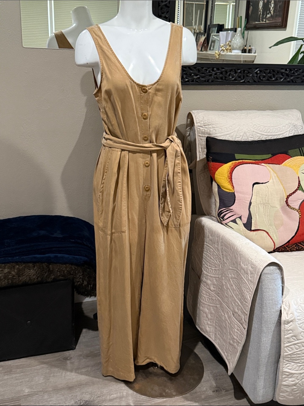 Old Navy Tan Sleeveless Button-Front Jumpsuit with Tie Waist